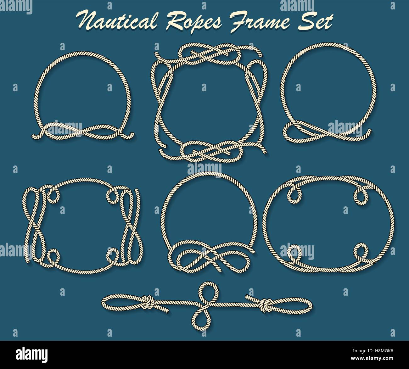 Set of Rope loop and frames. Nautical decor elements for your design. Vector illustration Stock Vector