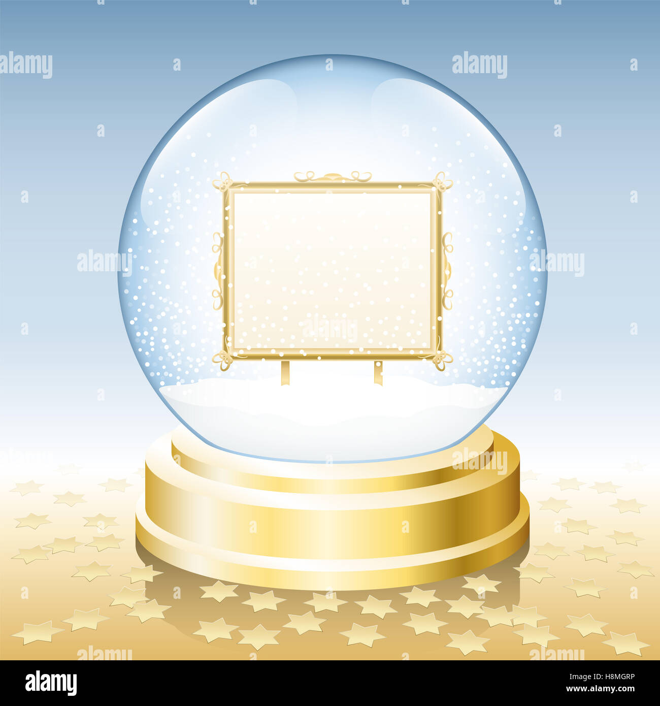 Snow globe with golden frame to insert any photo or text. Stock Photo