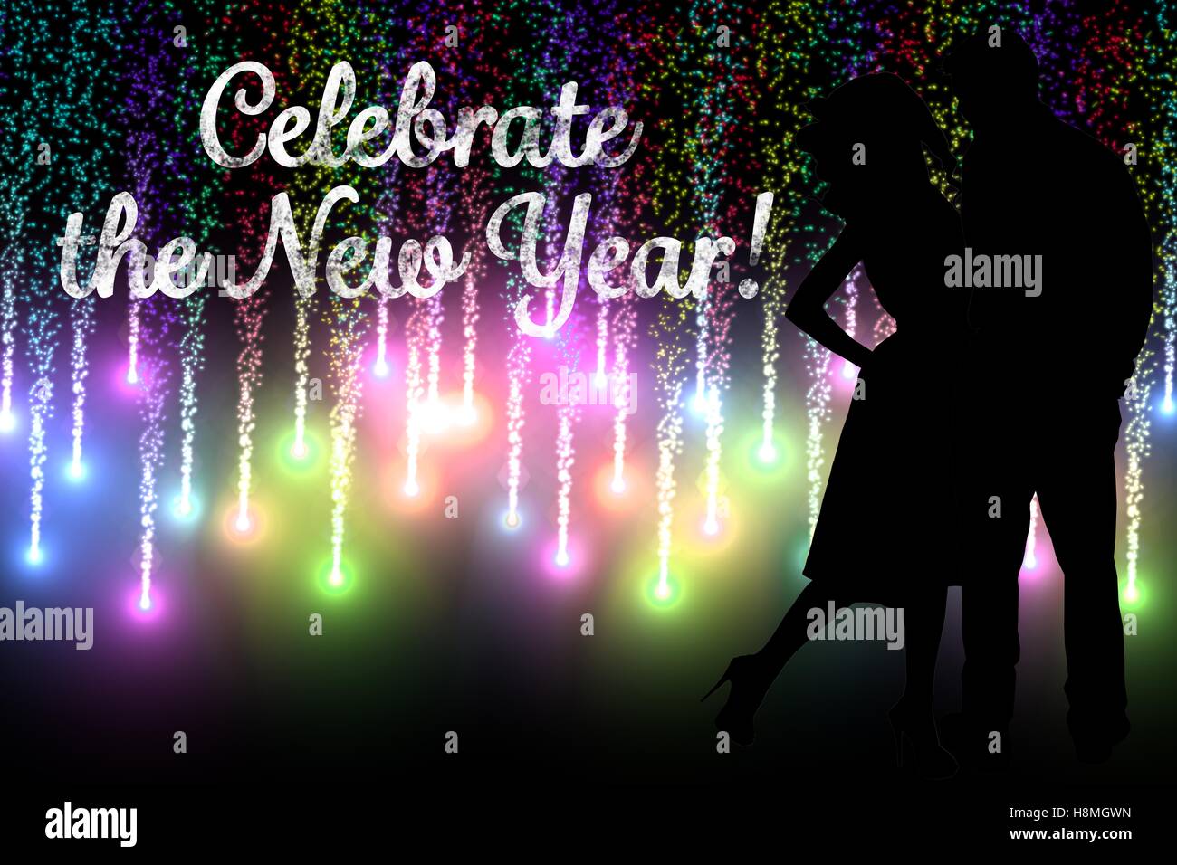 New Year Message and Couple Silhouette on Firework Background Design Stock Photo