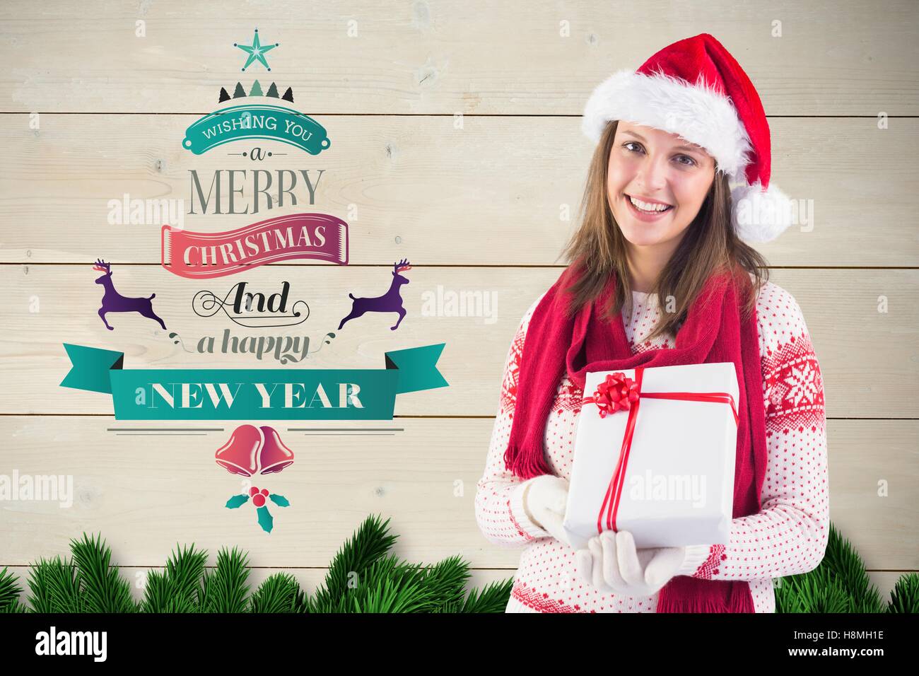 Beautiful woman in santa hat holding a gift box Stock Photo