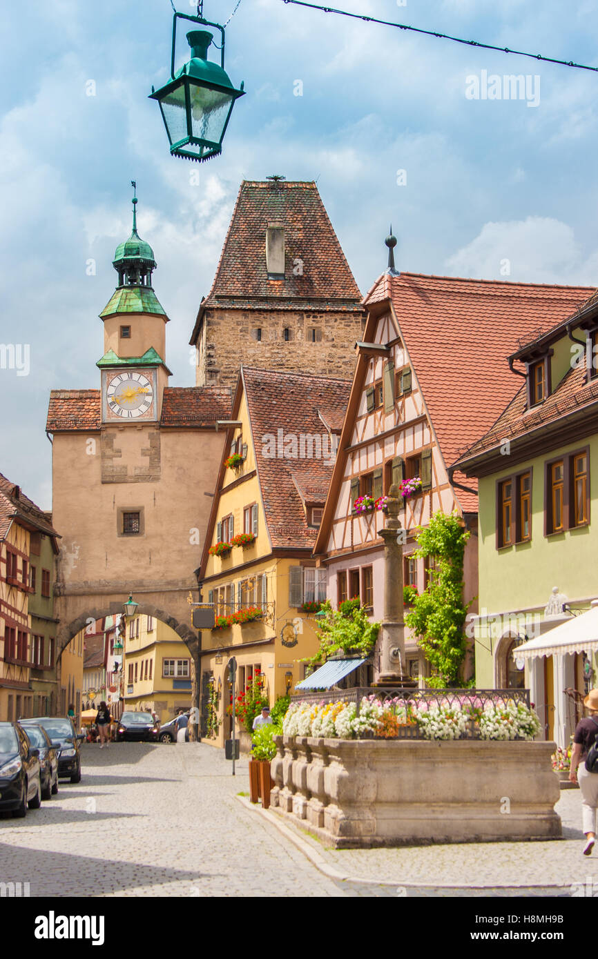 Classic postcard view of the historic town of Rothenburg ob der Tauber on a sunny day with blue sky, Franconia, Bavaria, Germany Stock Photo