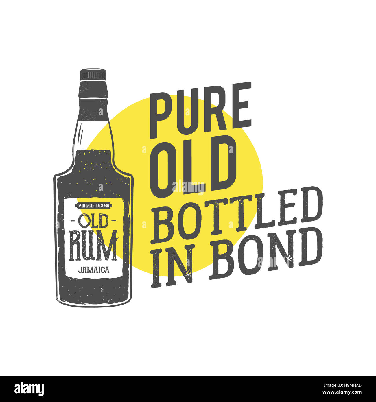 Vintage handcrafted label, emblem with old rum bottle and slogan - pure old  bottled in bond. Sketching filled style. Typography design for advertising,  tee. Isolated on yellow shape Stock Photo - Alamy