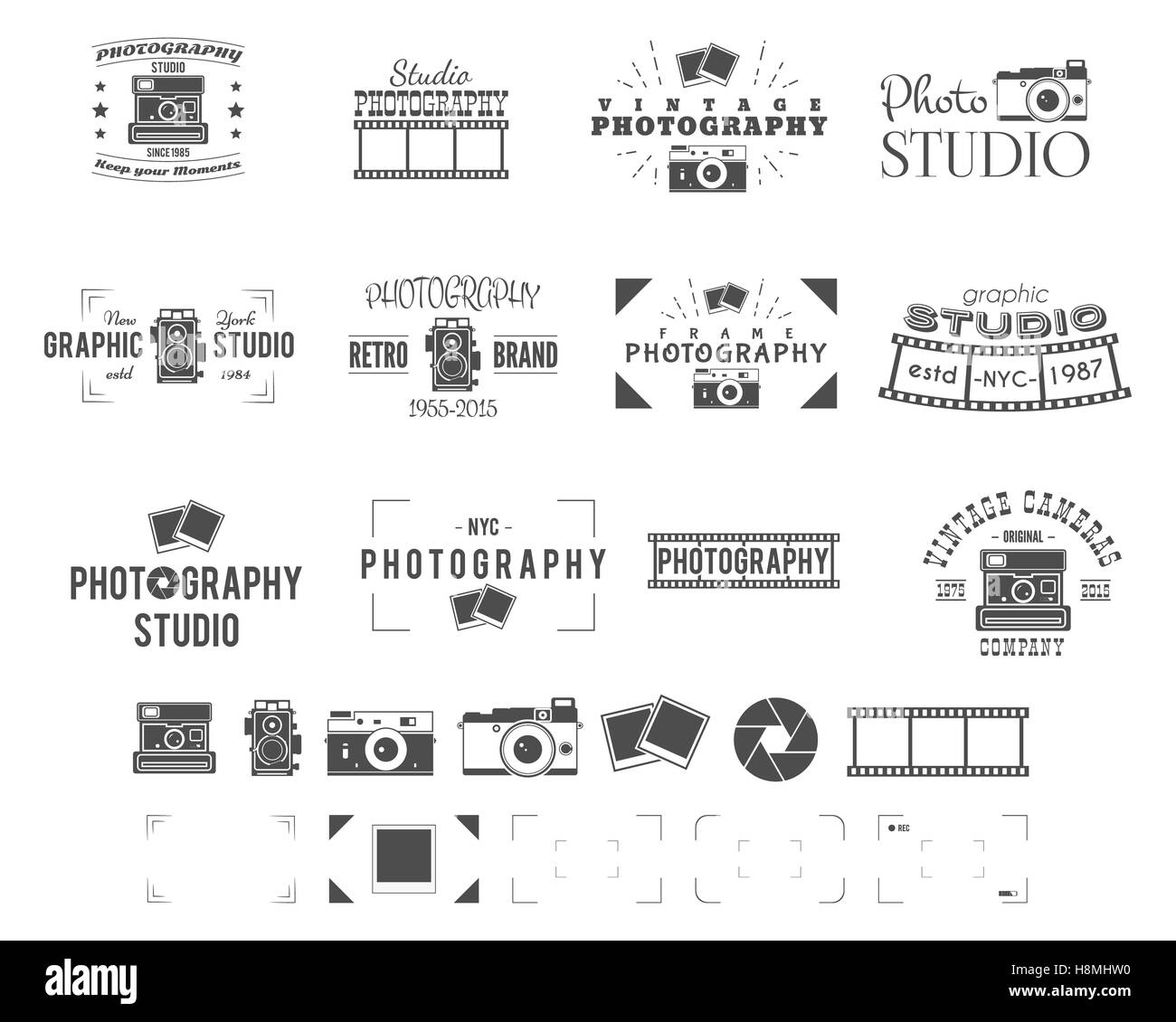 Photography logo templates set. Use for photo studio, old camera equipment store, shop etc. Photographer symbols included - retro cameras, frame and other elements. Stock Photo