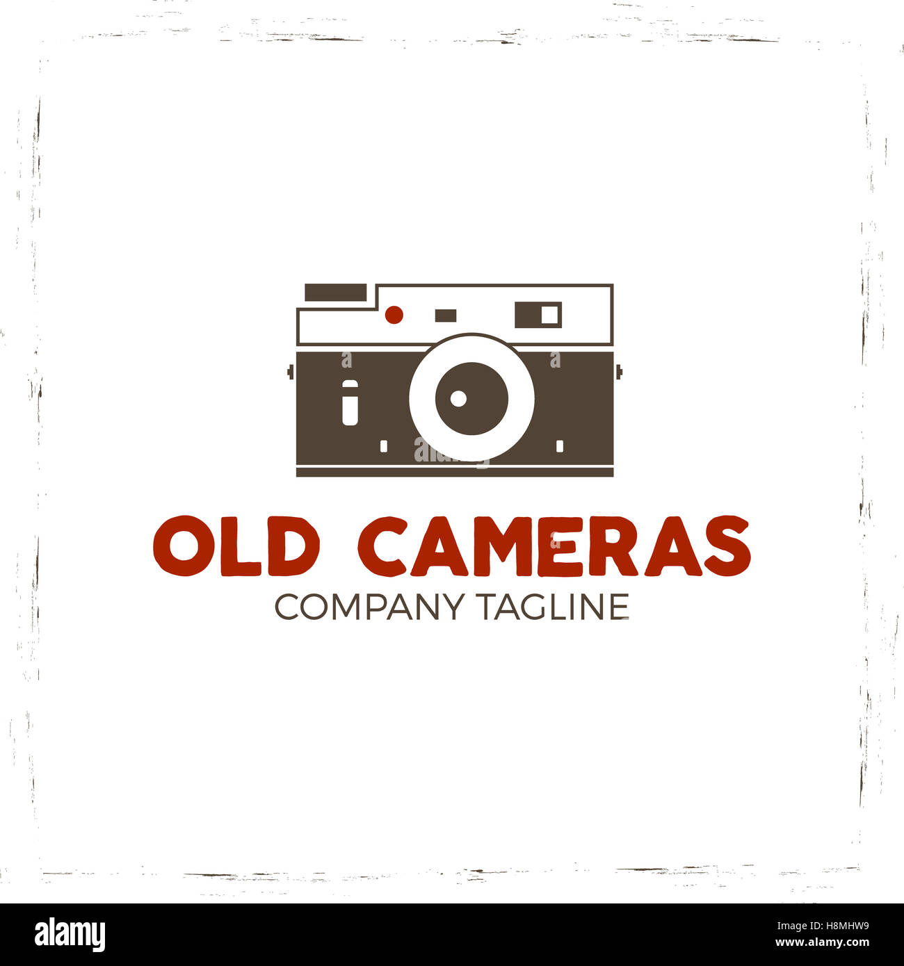 Retro poster or logo template with old camera icon. Isolated on grunge halftone background. Photography vintage design for t shirt, tee design, web project. Inspiration type. Stock Photo