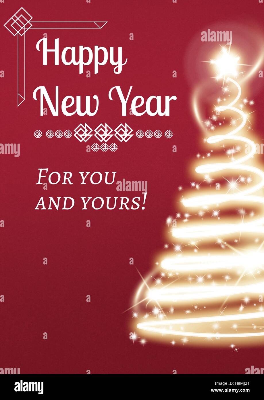 New Year Message on Light Christmas Tree Background Design Stock Photo