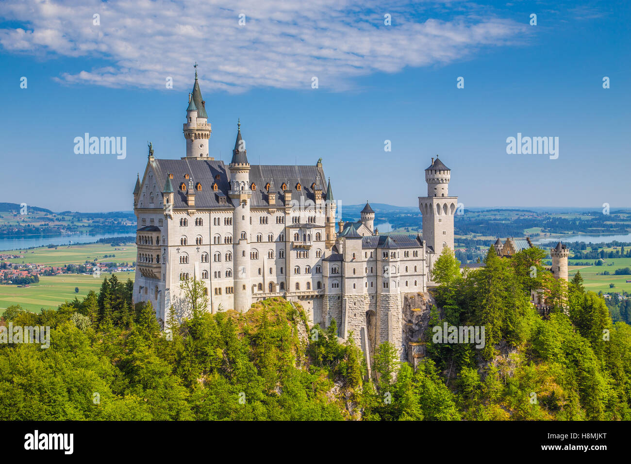 Classic view of world-famous Neuschwanstein Castle, one of Europe's most visited castles, on a beautiful sunny day in summer, Bavaria, Germany Stock Photo