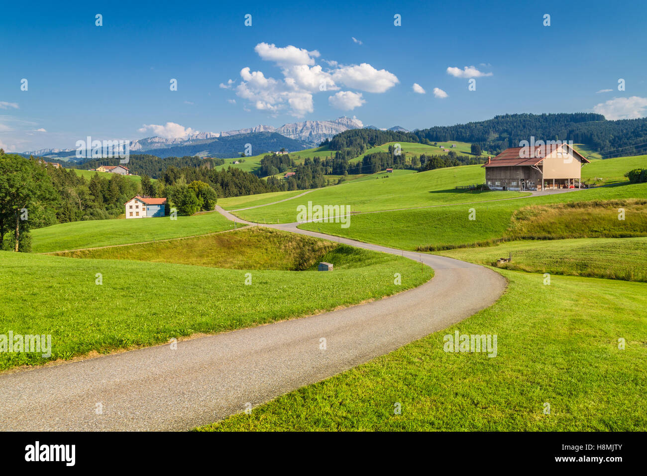 Beautiful view of idyllic mountain scenery in the Alps with green meadows and famous Säntis summit in the background on a sunny day in summer Stock Photo