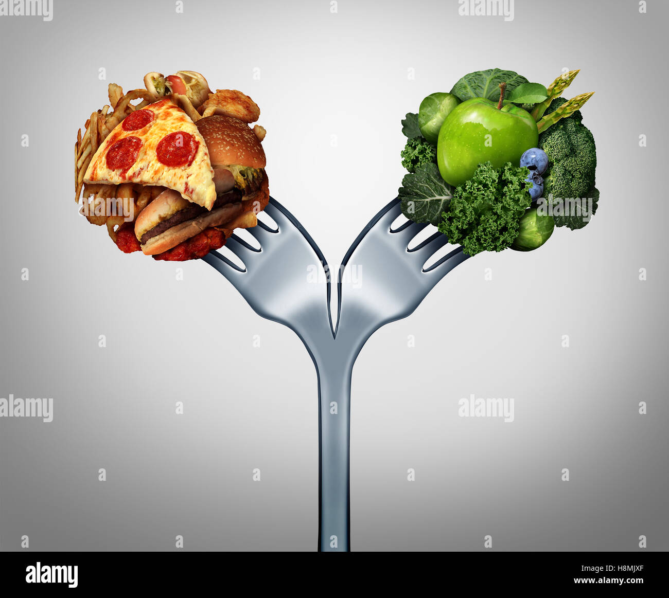 Unhealthy and healthy food and diet decision concept and nutrition choices dilemma between healthy good fresh fruit and vegetables or cholesterol rich fast food with a dinner fork divided in two with 3D illustration elements. Stock Photo