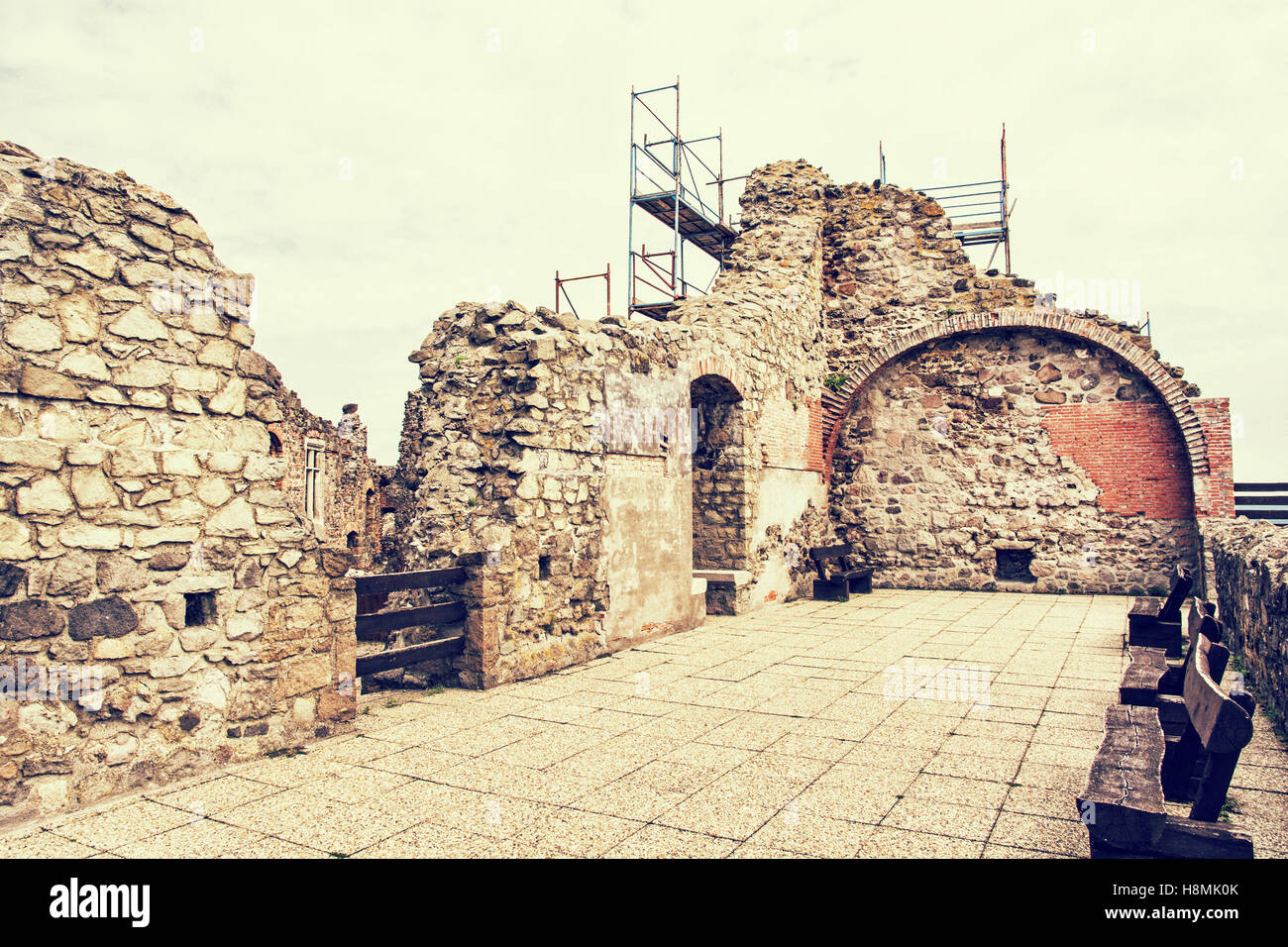 Ruin castle of Visegrad, Hungary. Ancient architecture. Travel destination. Cultural heritage. Beautiful place. Retro photo. Stock Photo