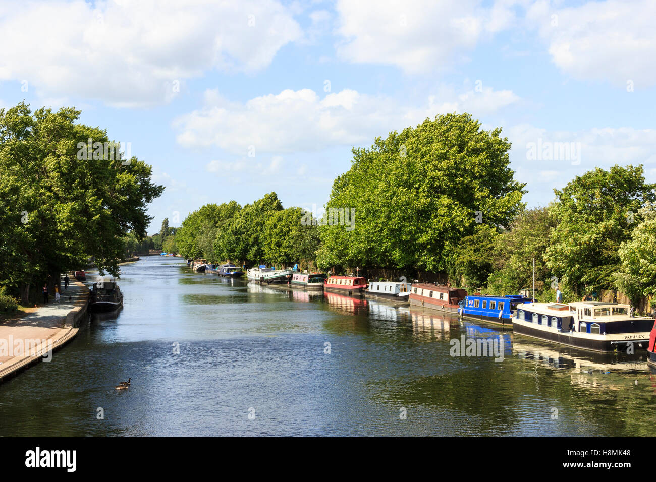 View upriver of narrowboats moored on the River Lea at Upper Clapton, London, UK Stock Photo