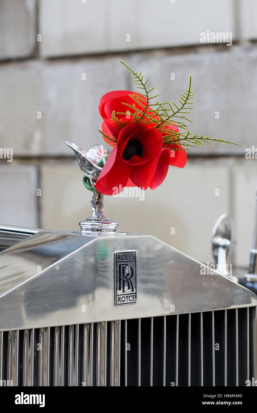 Poppy, poppies attached to Spirit of Ecstasy on a Rolls Royce car