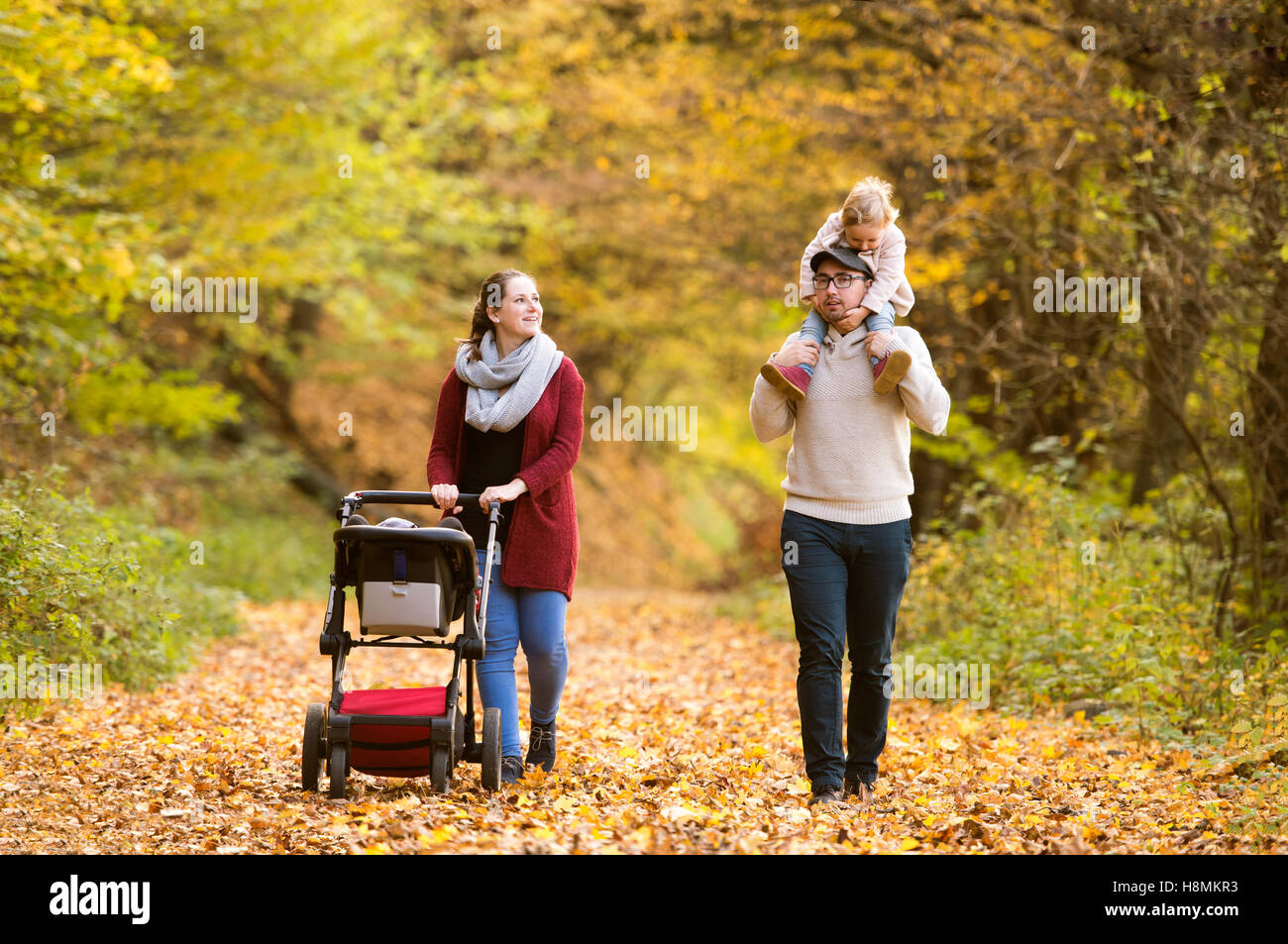 Beautiful young family on a walk in autumn forest Stock Photo - Alamy
