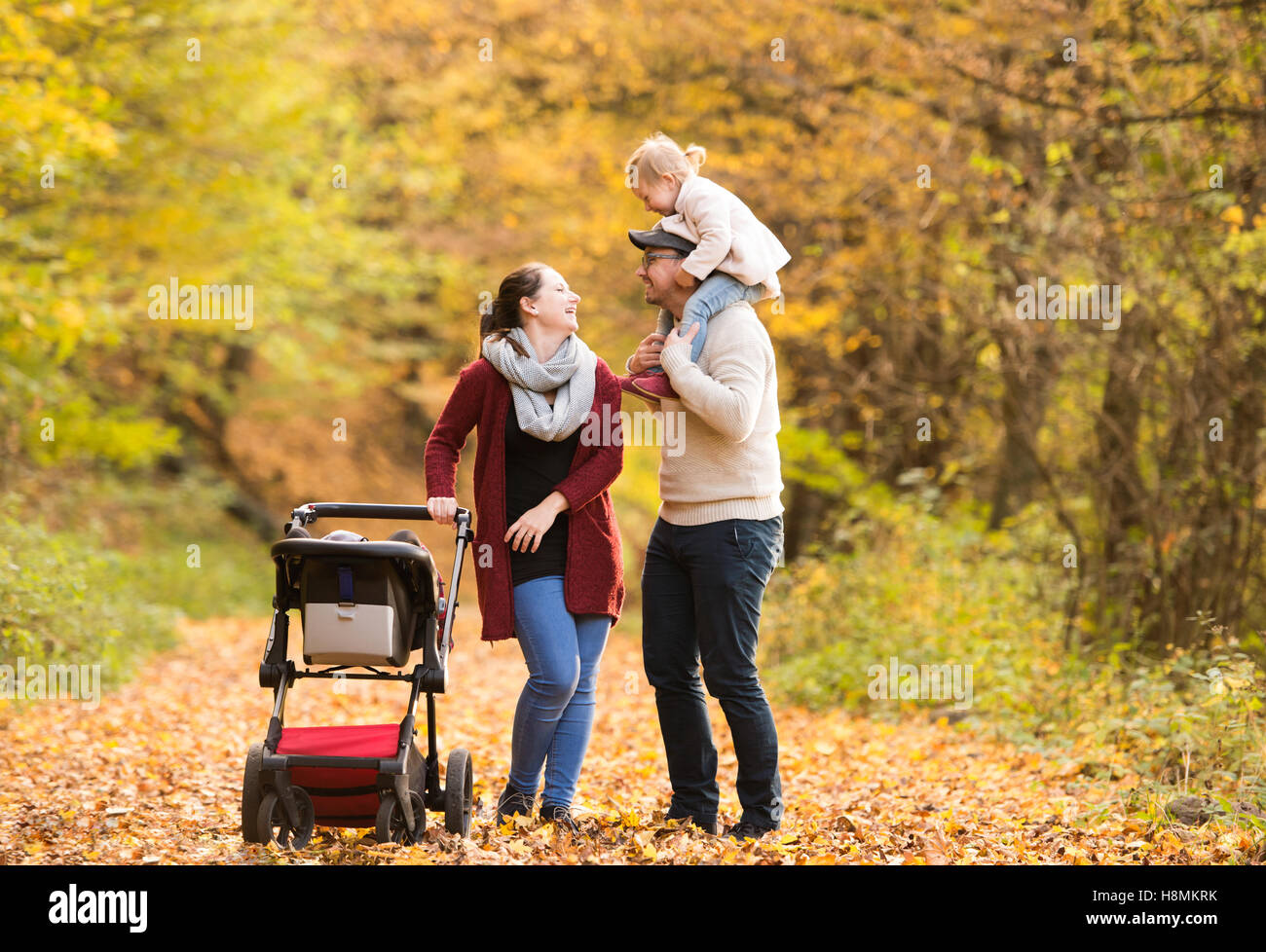 Beautiful young family on a walk in autumn forest Stock Photo - Alamy