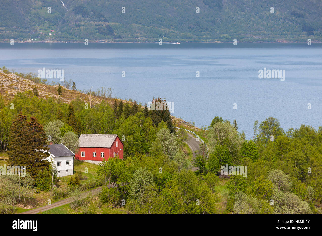 Traditional red Norwegian house. Lofoten Islands, Norway Stock Photo