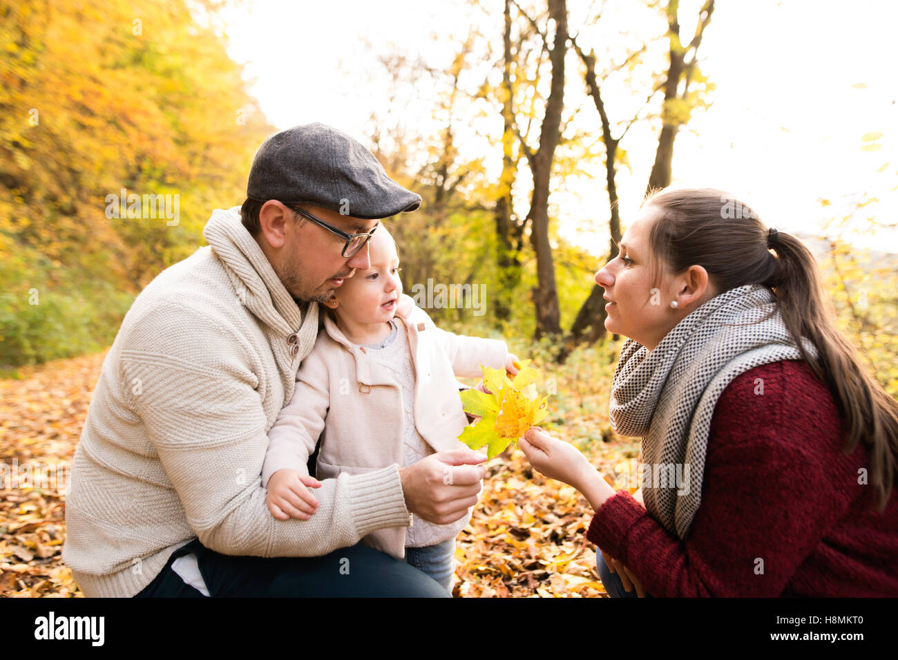 Beautiful young family on a walk in autumn forest Stock Photo - Alamy