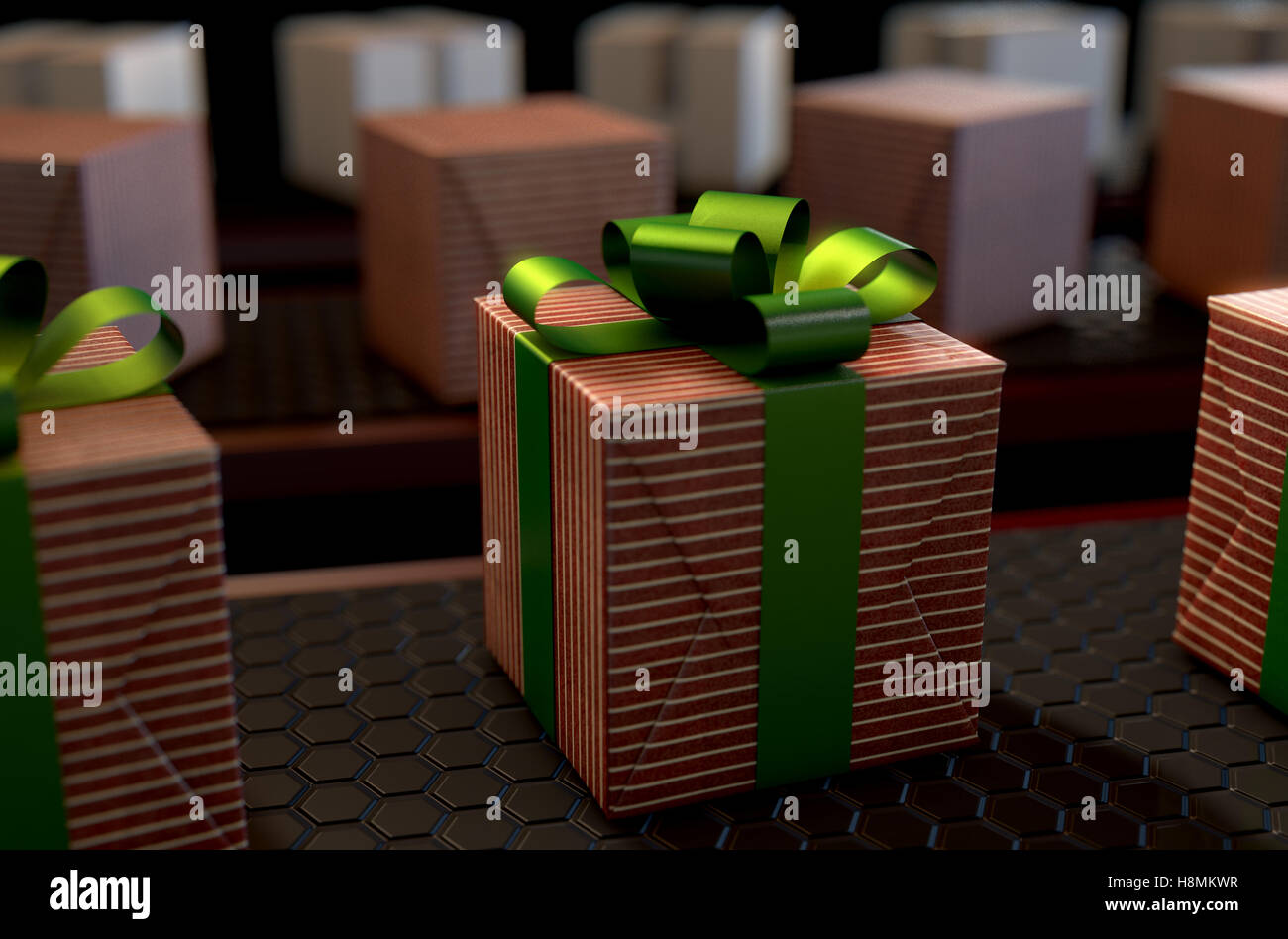 A 3D render of a production line of Christmas gift boxes in varying stages of wrapping on conveyor belts Stock Photo