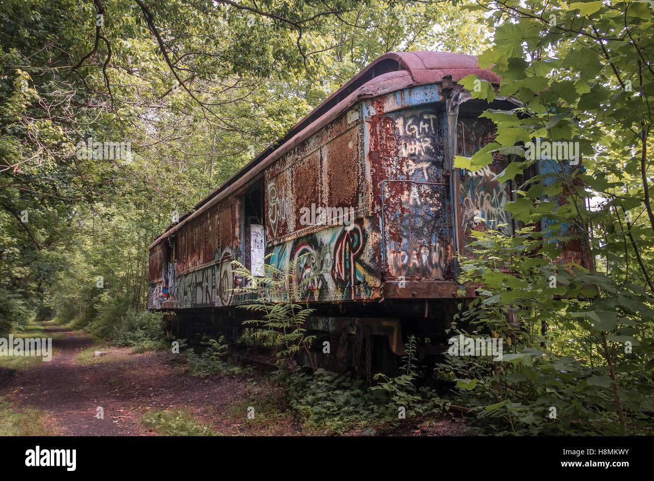 Old abandoned train car along the canal in Lambertville, New Jersey Stock Photo