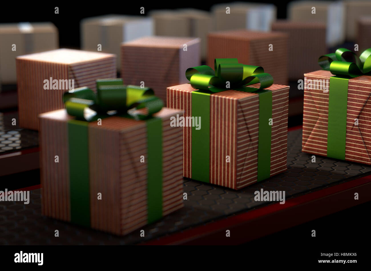A 3D render of a production line of Christmas gift boxes in varying stages of wrapping on conveyor belts Stock Photo