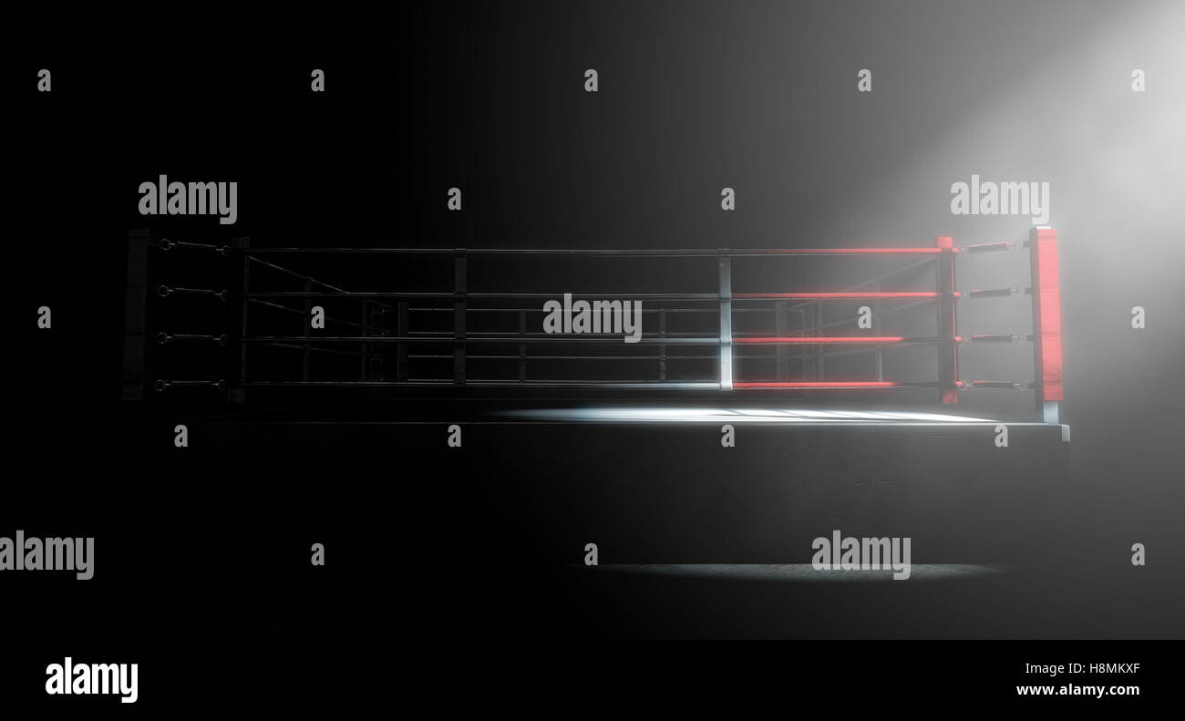 A 3D render of a modern boxing ring with a blue and red area spotlit ...
