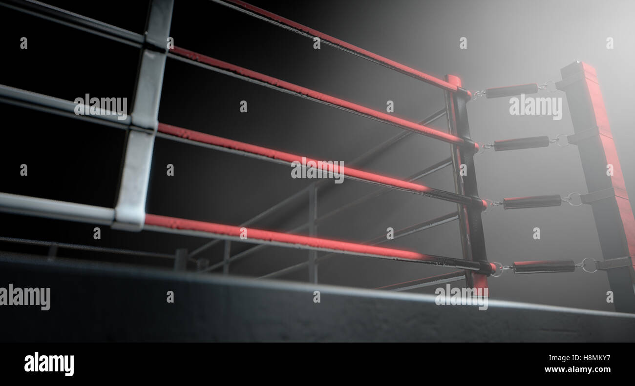 A 3D render of a modern boxing ring with a blue and red area spotlit ...