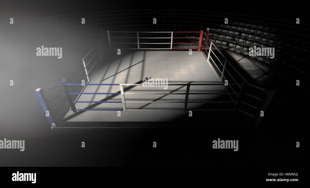 A 3D render of a modern boxing ring with a blue and red area spotlit  dramatically on one corner on an isolated dark background Stock Photo -  Alamy