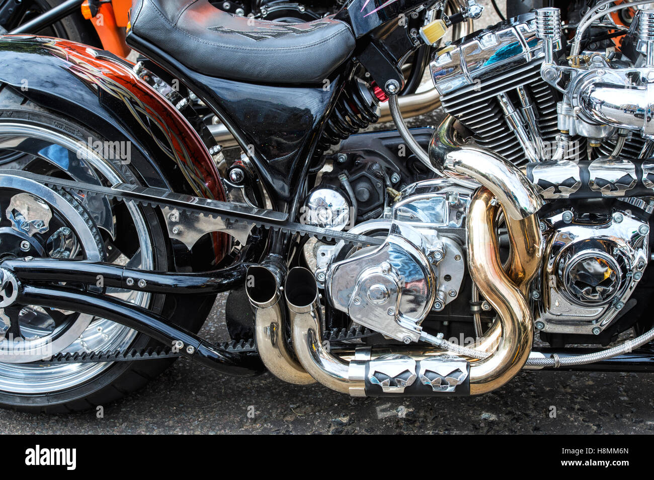 Custom Harley Davidson motorcycle at a bike show in England Stock Photo