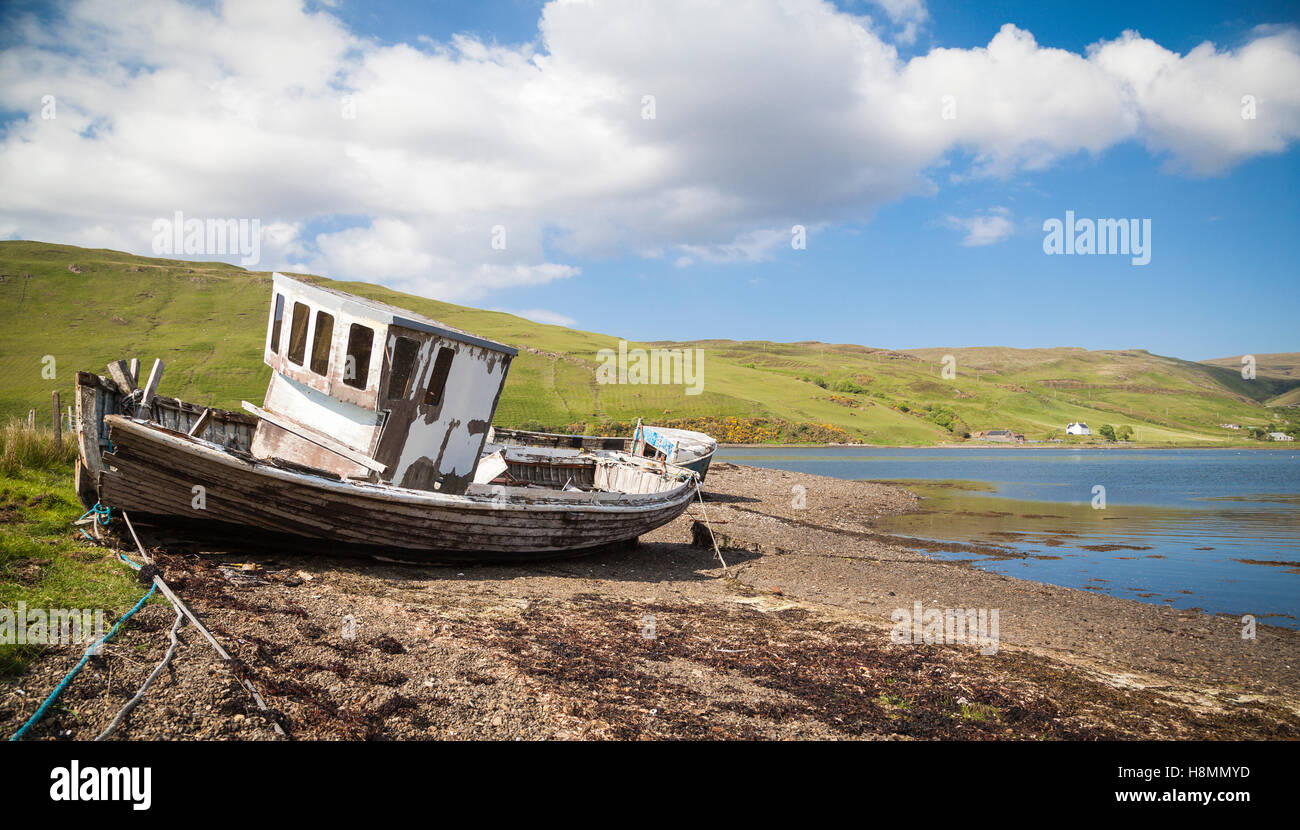 Drynoch, Scotland,  Old shipwreck at the coastline on the Isle of Skye in Scotland. Stock Photo