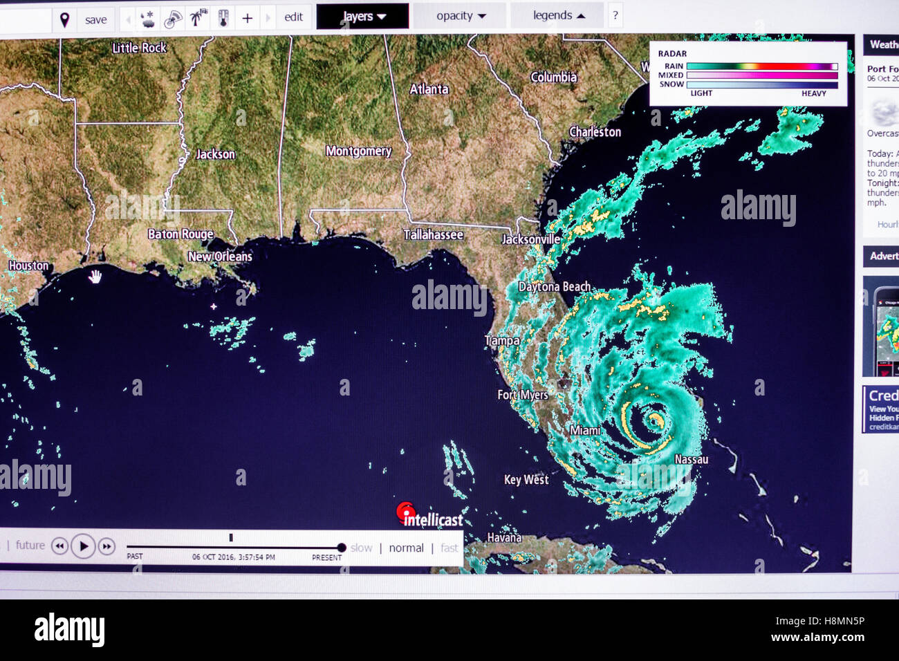 Miami Beach Florida,computer monitor screen,Intellicast.com precipitation weather radar map Hurricane Matthew, Stock Photo