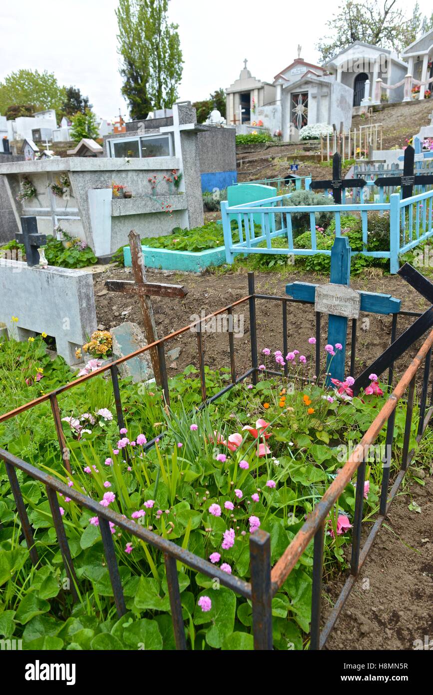 Mausoleums and graves at a graveyard in Chiloe Chile. Stock Photo