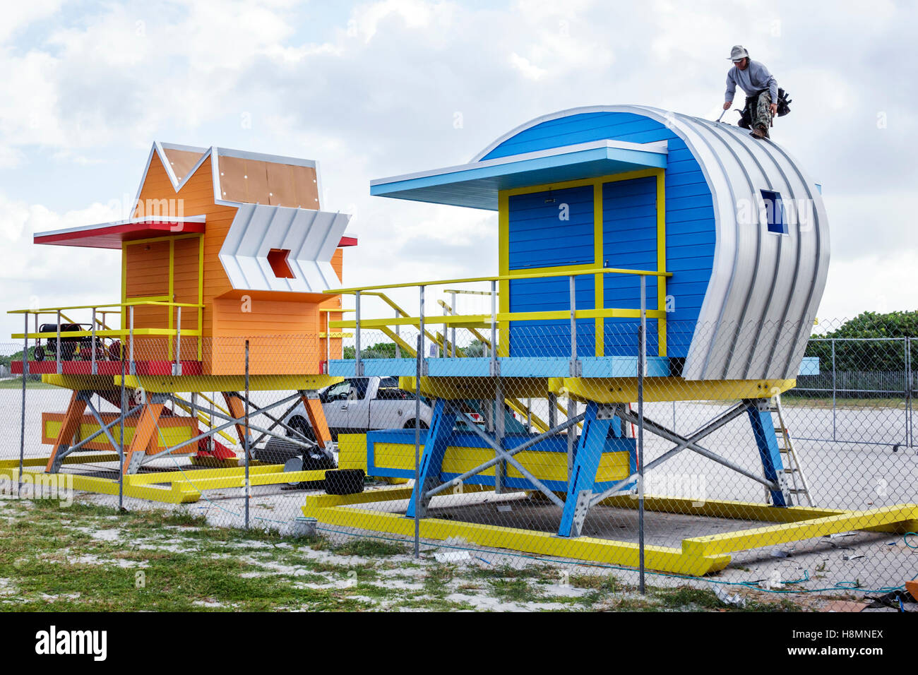 Miami Beach Florida,new lifeguard stations,under construction,visitors travel traveling tour tourist tourism landmark landmarks culture cultural,vacat Stock Photo