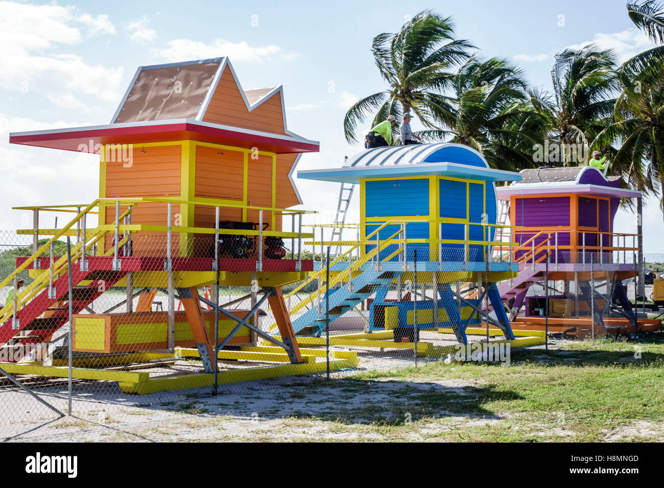 Miami Beach Florida,new lifeguard stations,visitors travel traveling tour tourist tourism landmark landmarks culture cultural,vacation group people pe Stock Photo