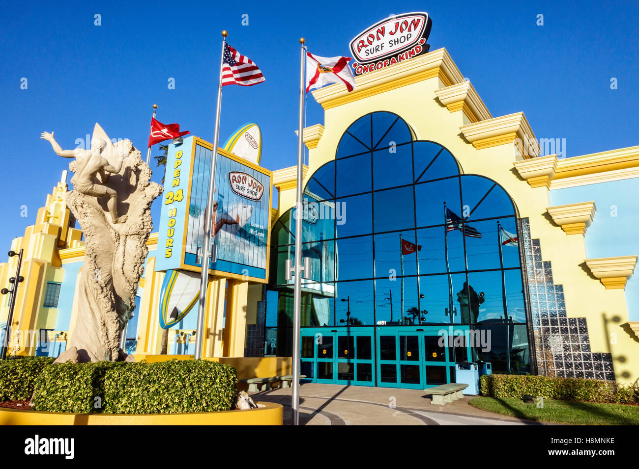 Cocoa Beach Florida,Ron Jon Surf Shop,exterior,front,entrance,sculpture,surfer,FL161025061 Stock Photo