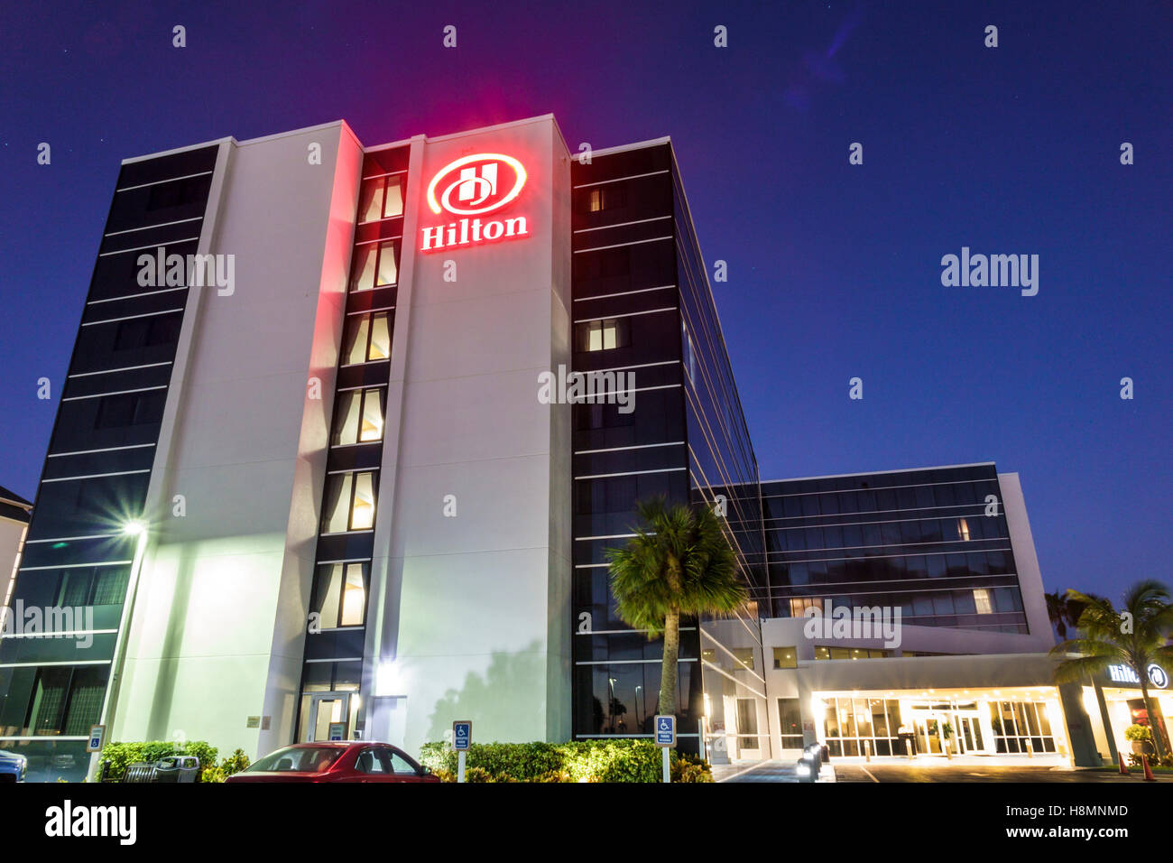 Cocoa Beach Florida,Hilton Cocoa Beach Oceanfront,hotel,lodging,night,sign,front,entrance,FL161025066 Stock Photo