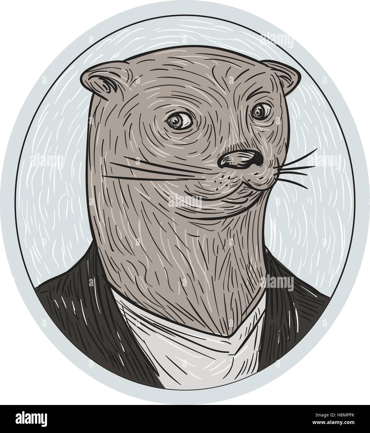 Drawing sketch style illustration of an otter head wearing shirt and blazer facing front set inside oval shape. Stock Vector