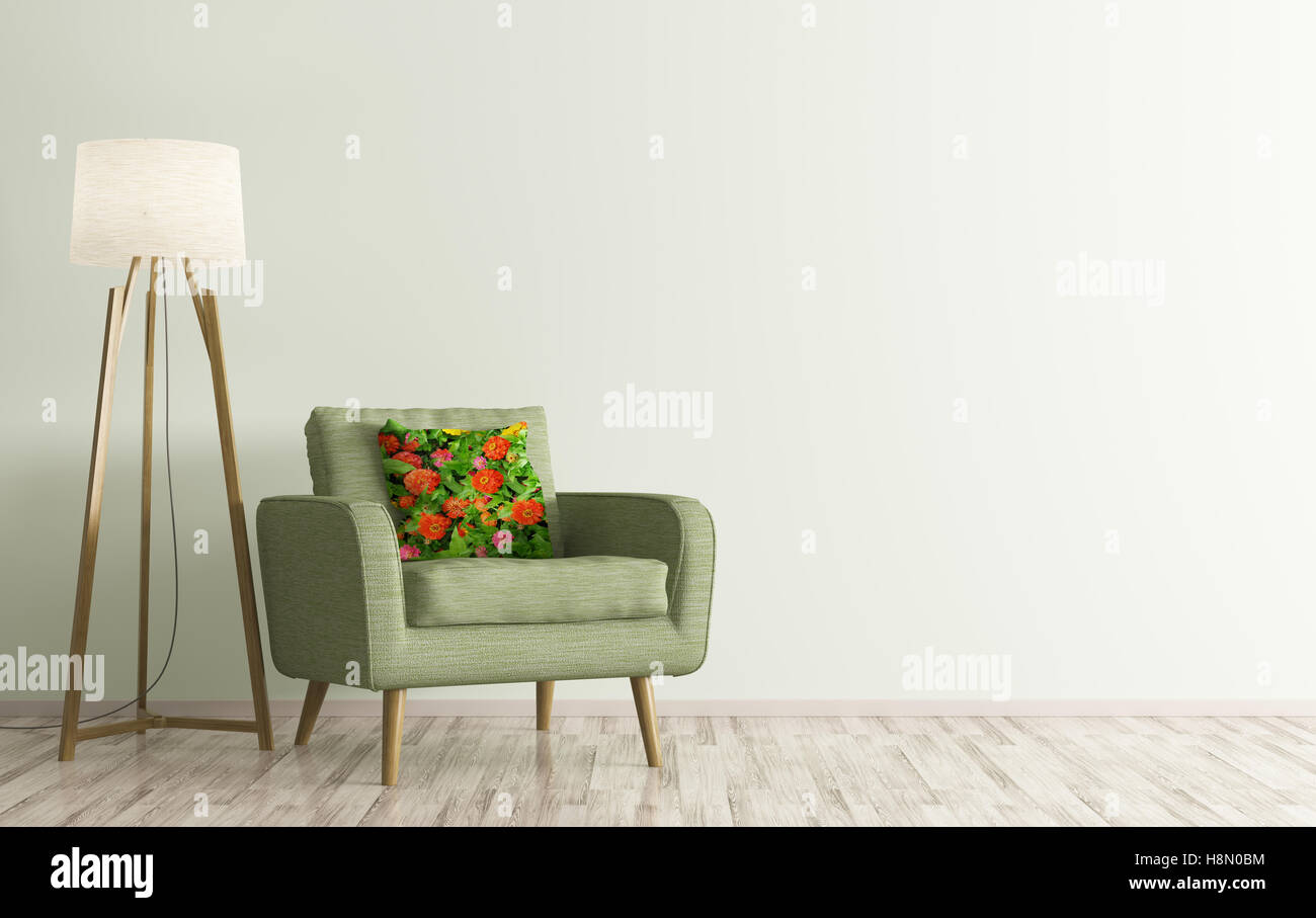 Modern living room interior with green armchair and floor lamp 3d ...