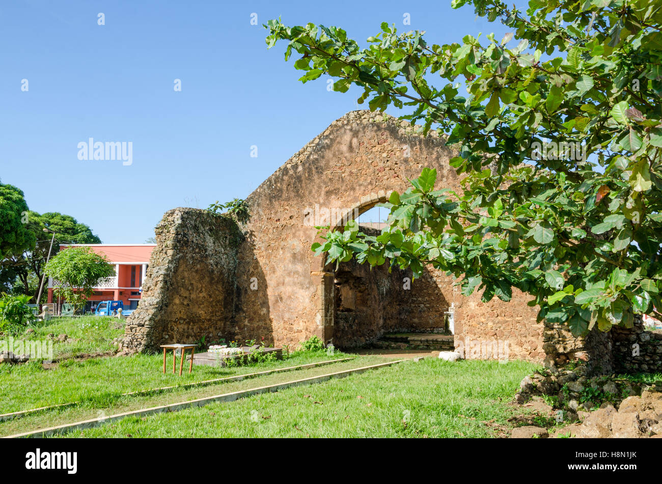 First church south of equator in Africa, Angola, M'banza Congo. The ruin is still to large parts intact today. Stock Photo