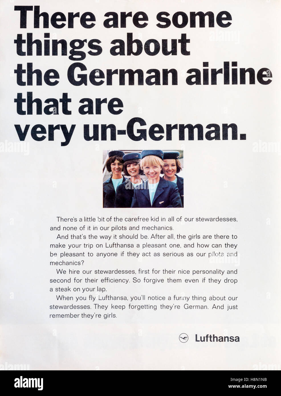 1960s magazine advertisement advertising Lufthansa, the German airline. Stock Photo