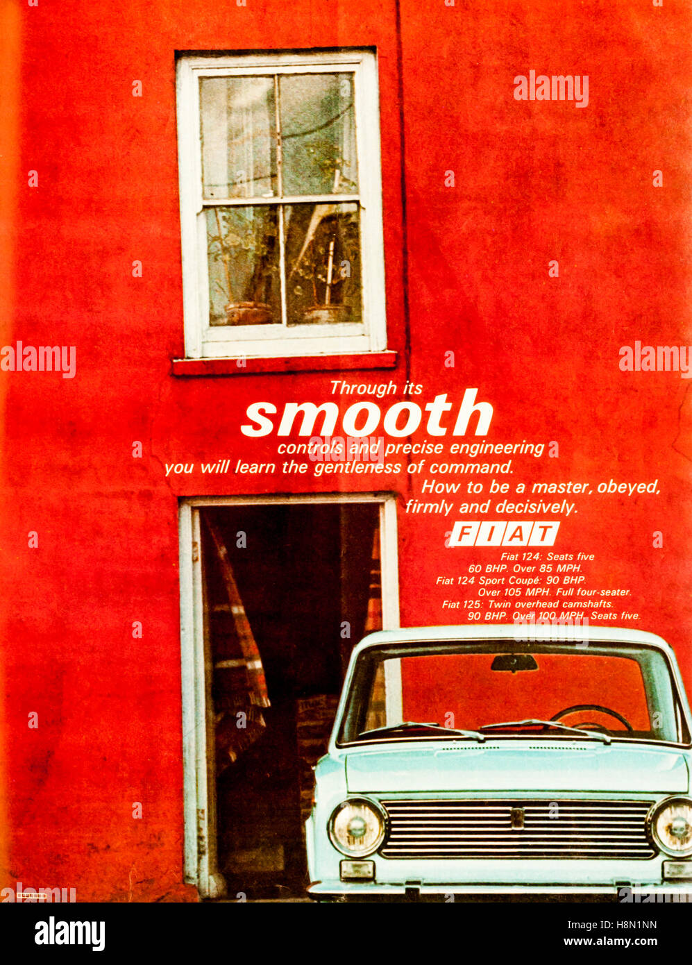 1960s magazine advertisement advertising Fiat 124 cars. Stock Photo