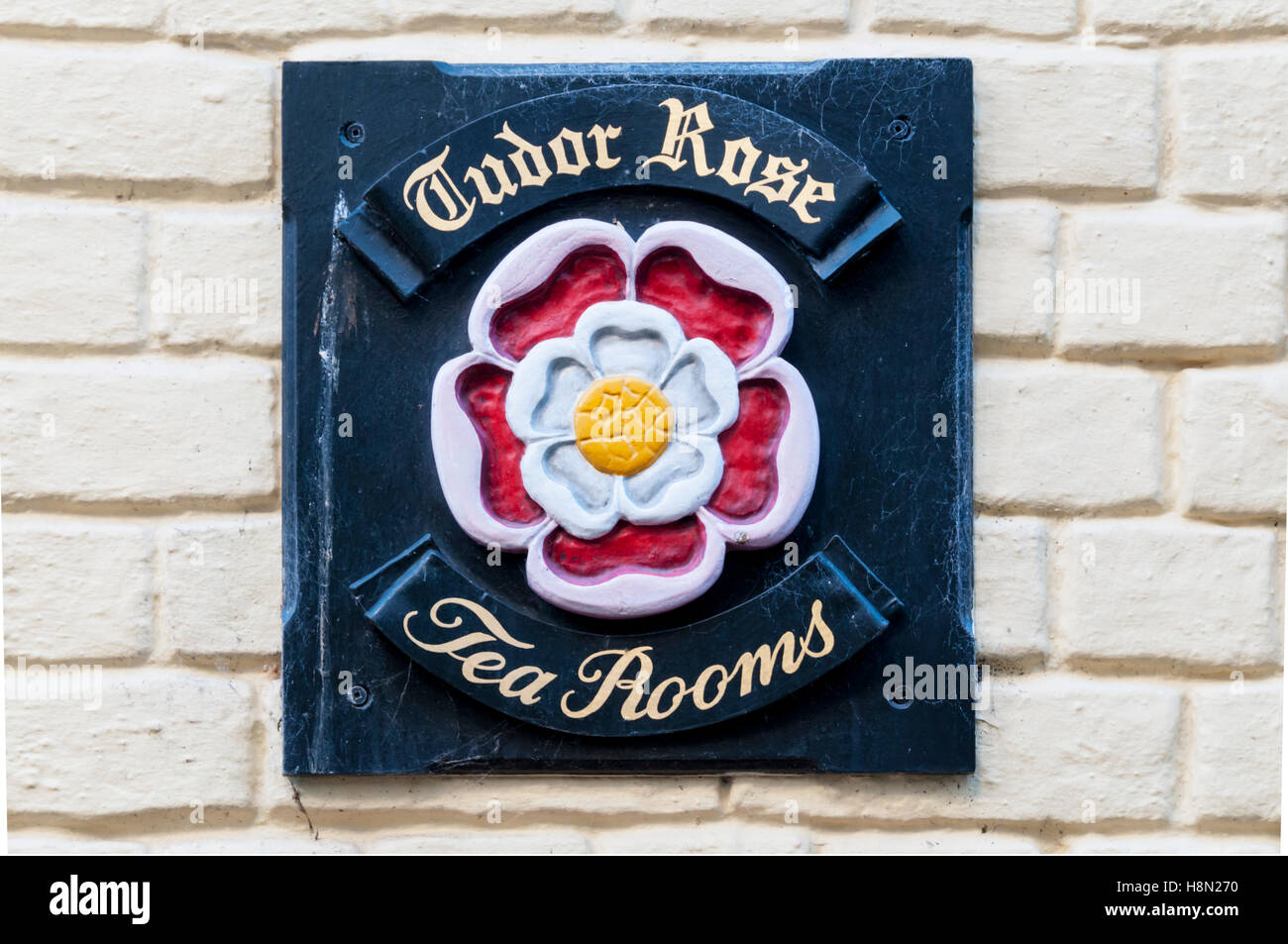 Sign for Tudor Rose tea rooms. Stock Photo