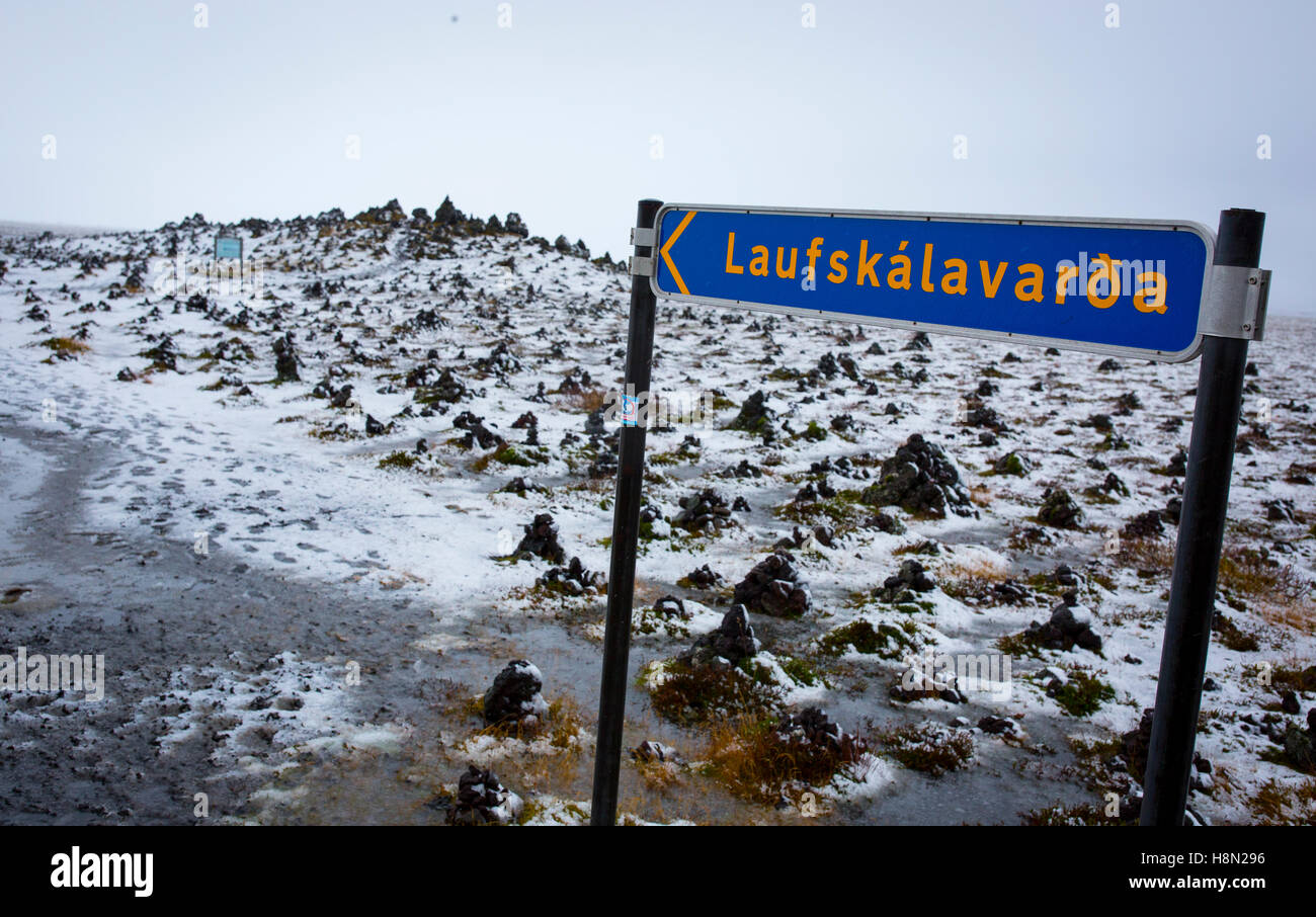 A sign for Laufskálavarða in southern Iceland where visitors pile stones for good luck Stock Photo
