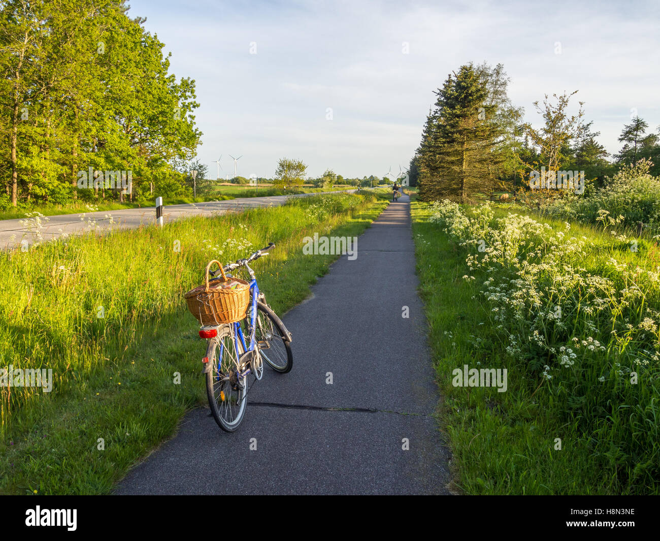 Bicycle with shopping basket parked on bike lane on country side of