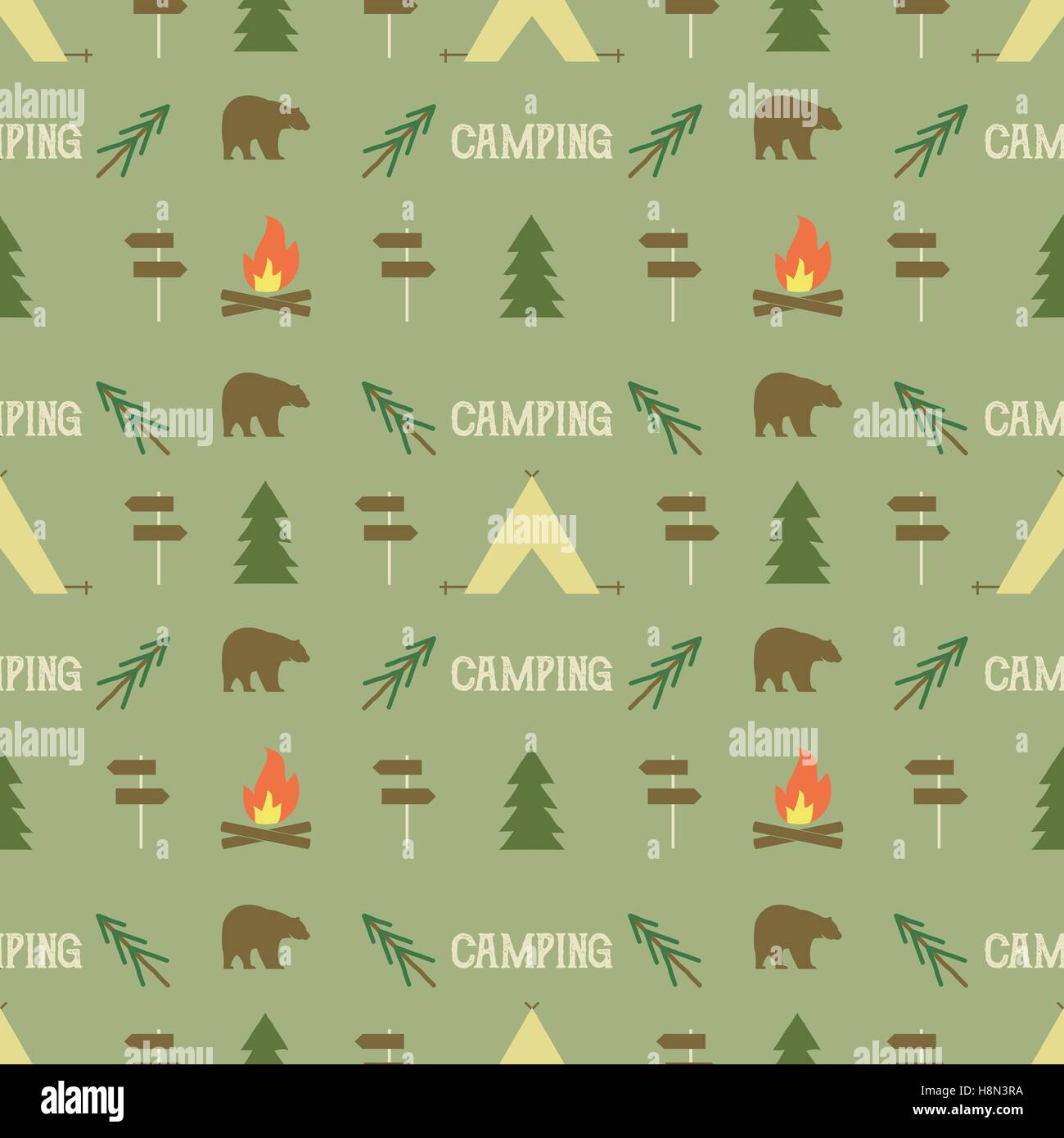 Camping elements pattern. Camping seamless wallpaper design. Equipment for camping background for print. Adventure or camping gear pattern- tent, bear, tree, bonfire. Nature pattern design. Vector. Stock Vector