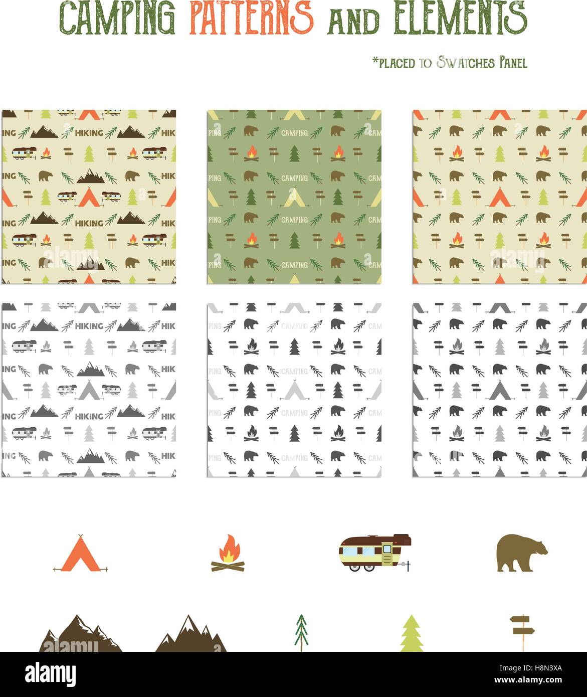 Camping and Hiking Equipment Design Elements Set Stock Vector by