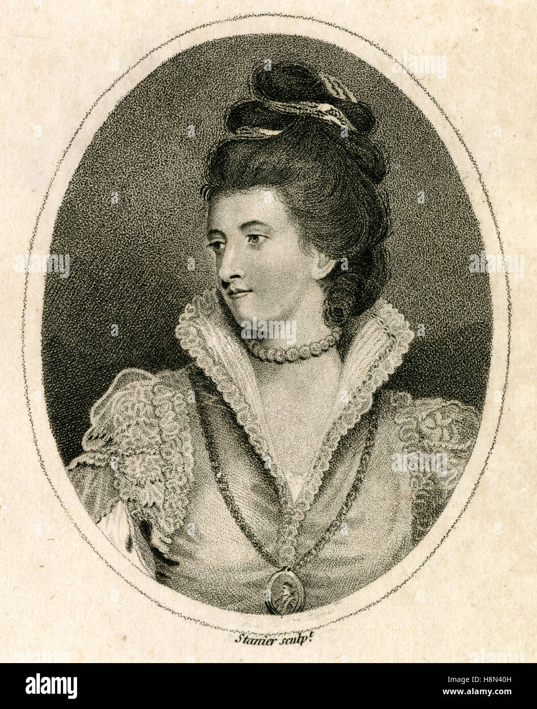 Antique 1791 engraving, Jane Gordon, Duchess of Gordon. Jane Gordon (1749-1812), née Lady Jane Maxwell, was a Scottish Tory political hostess. Together with her husband Alexander, 4th Duke of Gordon and her son George, Marquess of Huntly, the future 5th Duke of Gordon she founded the Gordon Highlanders, a British Army infantry regiment that existed until 1994. SOURCE: ORIGINAL STEEL ENGRAVING. SOURCE: ORIGINAL ENGRAVING. Stock Photo