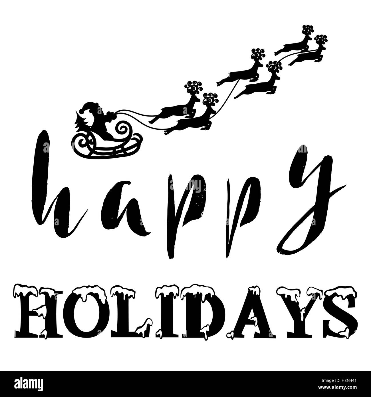 Silhouette Sleigh of Santa Claus and Reindeers. Happy Holidays Lettering. Vector illustration Stock Vector