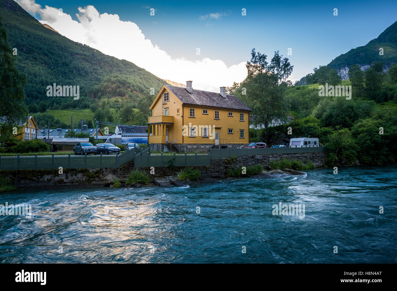 Night at Flam town, Norway Stock Photo