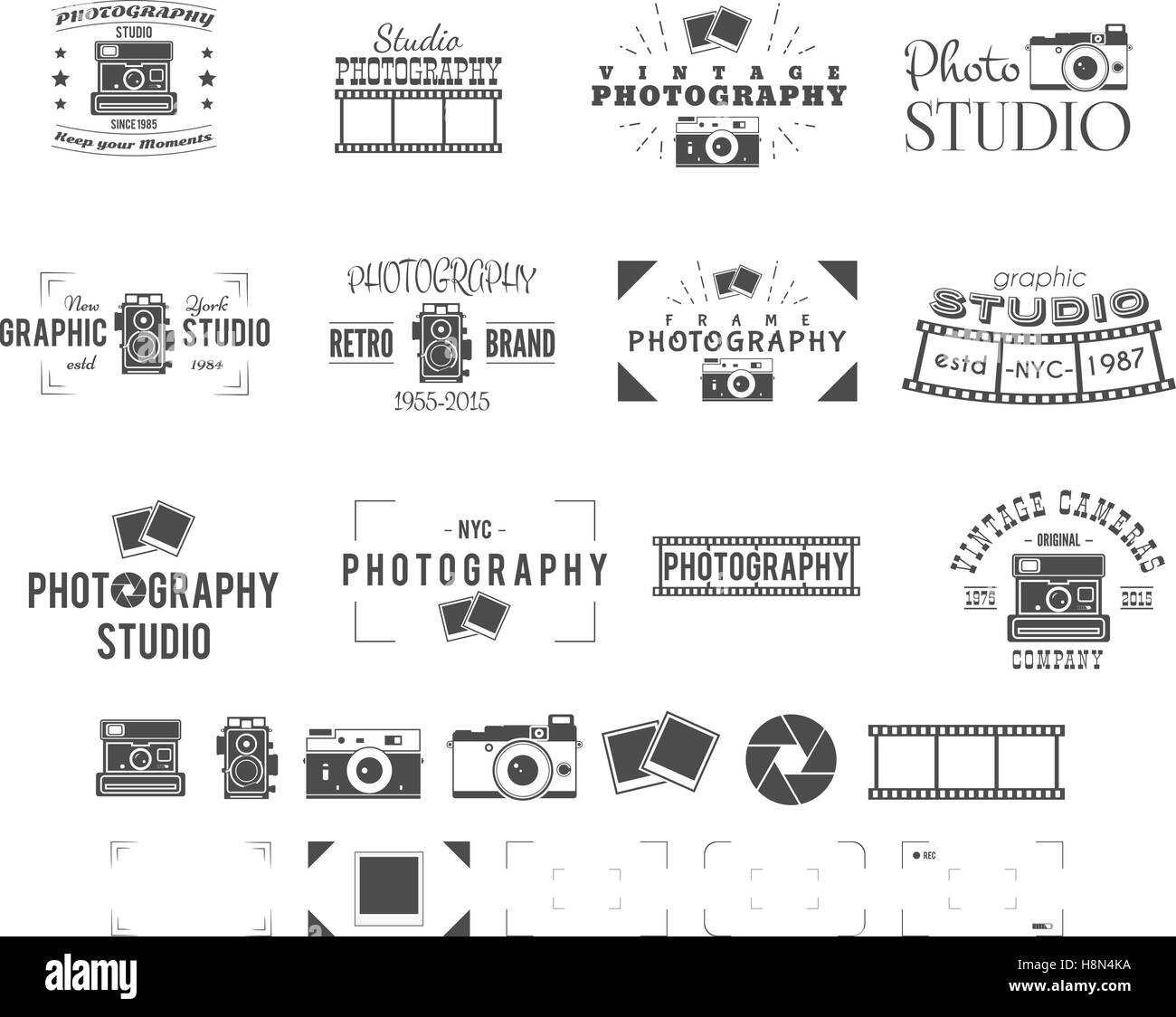 Photography logo templates set. Use for photo studio, old cameras equipment store, shop etc. Photographer symbols included - retro cameras, frame and other elements. Vector. Stock Vector