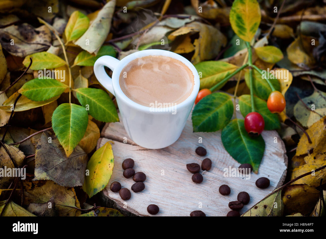 cup of black coffee espresso on a wooden stump among the yellow leaves, vintage toning Stock Photo