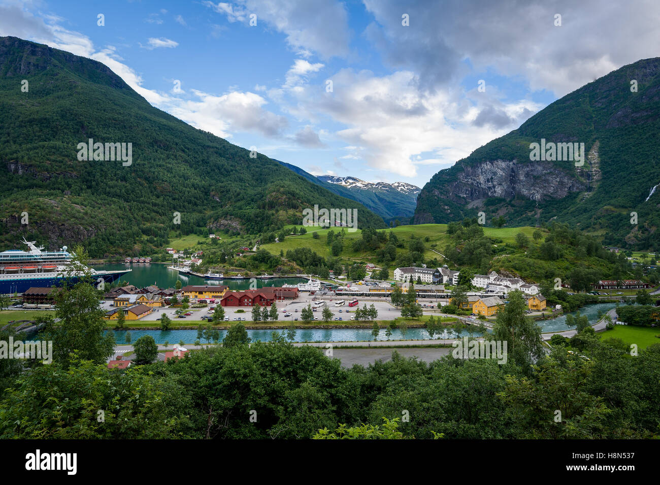 Flam town aerial view, Norway. Stock Photo