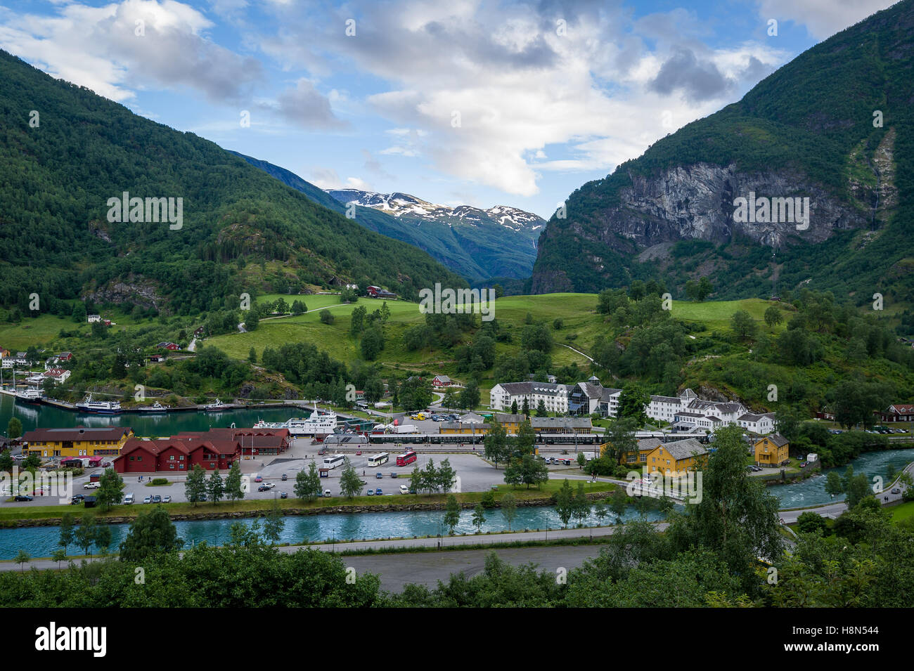 Flam town and famous mountain railway Stock Photo